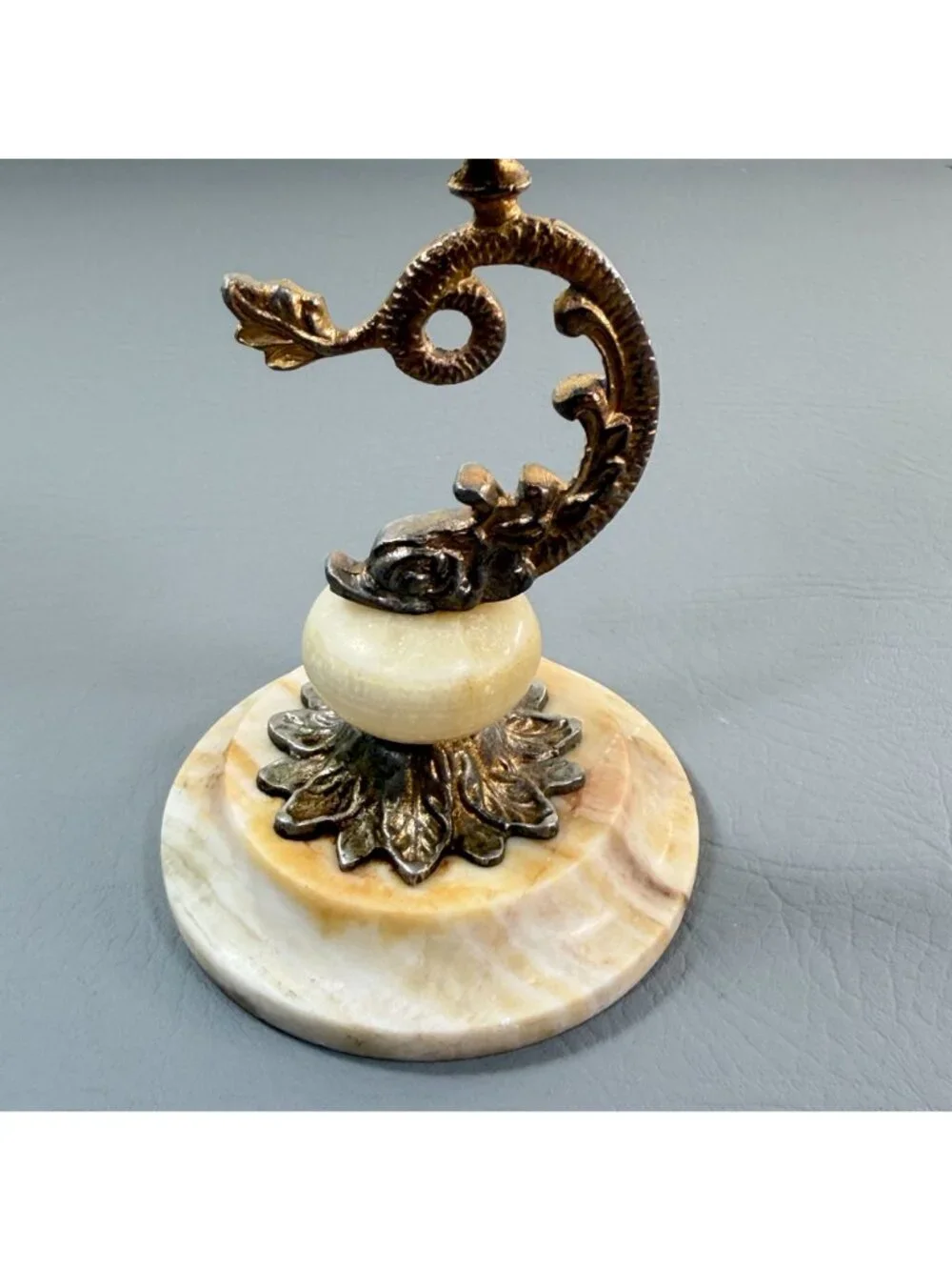 Vintage Onyx Marble Brass Dolphin Candlestick Hollywood Regency Pricket 8